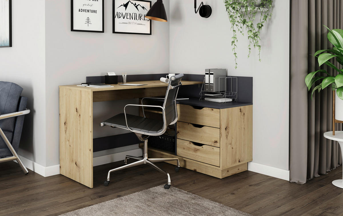 Winkelschreibtisch BELFAST anthrazit Eiche Nachbildung B/H/T: ca. 129x83,5x105 cm BELFAST - Eiche/anthrazit (129,00/83,50/105,00cm) - byLIVING