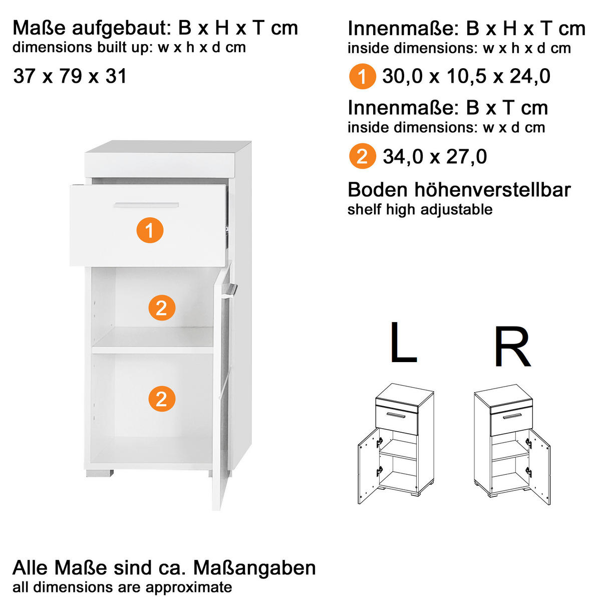 Stauraumelement Amanda weiß Hochglanz Asteiche Nachbildung B/H/T: ca. 37x79x31 cm Amanda - weiß (37,00/79,00/31,00cm) - Trendteam