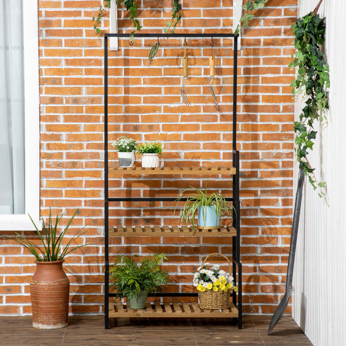 Outsunny Blumenständer natur Holz B/H/L: ca. 36x174x80 cm Blumenständer - natur/schwarz (80,00/36,00/174,00cm) - Outsunny
