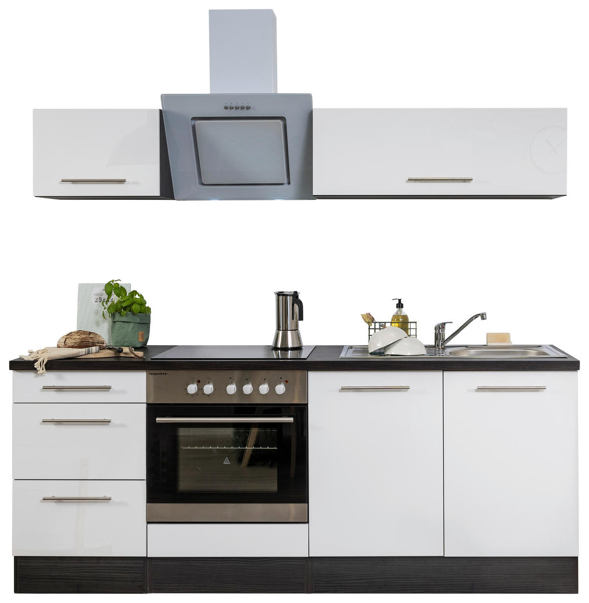 Respekta Küchenblock Amanda weiß Hochglanz B/H/T: ca. 210x200x60 cm Amanda - weiß/Edelstahloptik (210,00/200,00/60,00cm) - Respekta