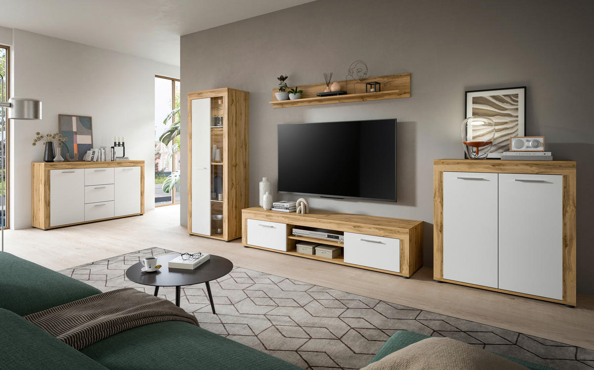 Wohnwand Jam Eiche Wotan Nachbildung weiß B/H/T: ca. 310x159x35 cm Jam - Eiche/weiß (310,00/159,00/35,00cm) - xonox.home