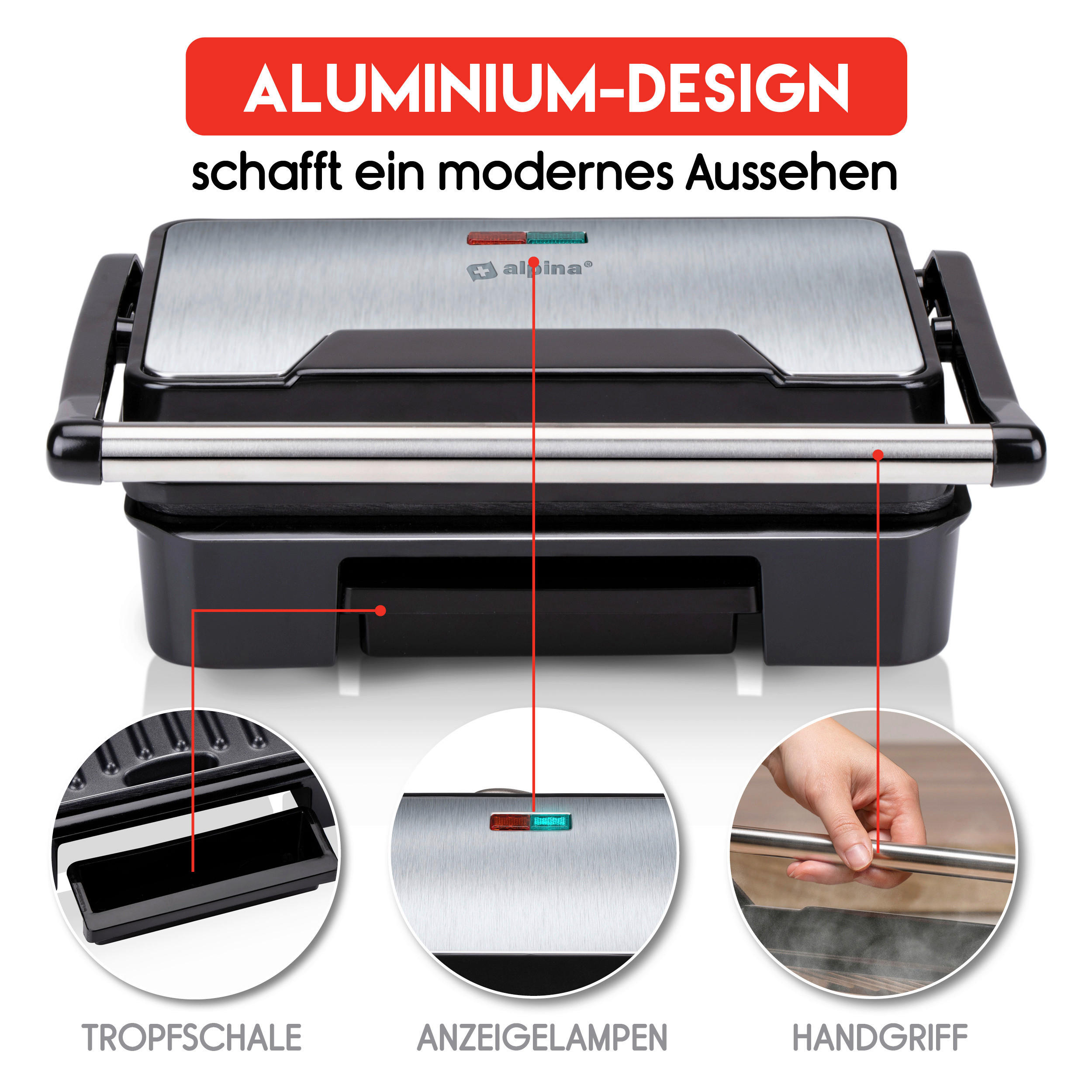 alpina Kontaktgrill silber Aluminium B/H/L: ca. 24x9,5x27,5 cm Kontaktgrill - silber (27,50/24,00/9,50cm) - alpina