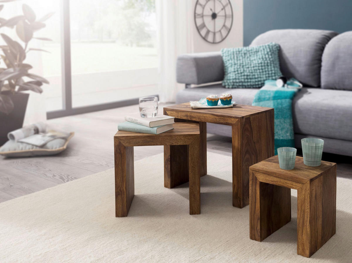 Beistelltisch 3er-Set natur Echtholz 3er-Set - natur - Wohnling