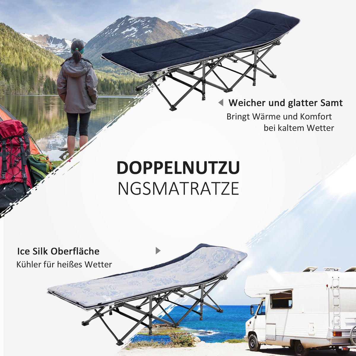 Outsunny Campingbett B/H/L: ca. 64,5x53x188 cm Campingbett - dunkelblau/grau (188,00/64,50/53,00cm) - Outsunny