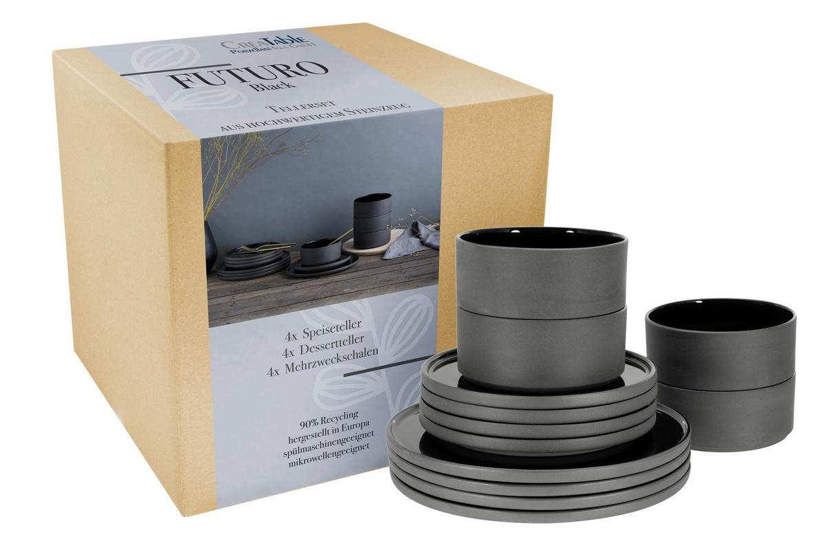 CreaTable Tafelservice Futuro schwarz Steinzeug 12 tlg. Futuro - schwarz - CreaTable