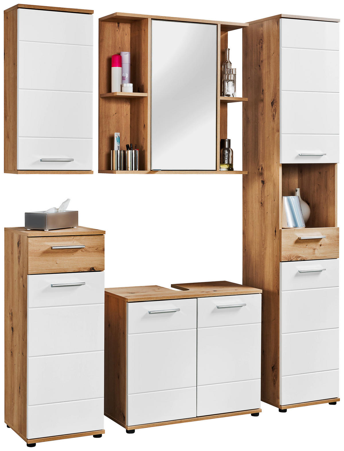 Waschbeckenunterschrank Bergen Eiche Artisan Nachbildung weiß Hochglanz B/H/T: ca. 70x61x35 cm Bergen - Eiche/weiß (70,00/61,00/35,00cm)