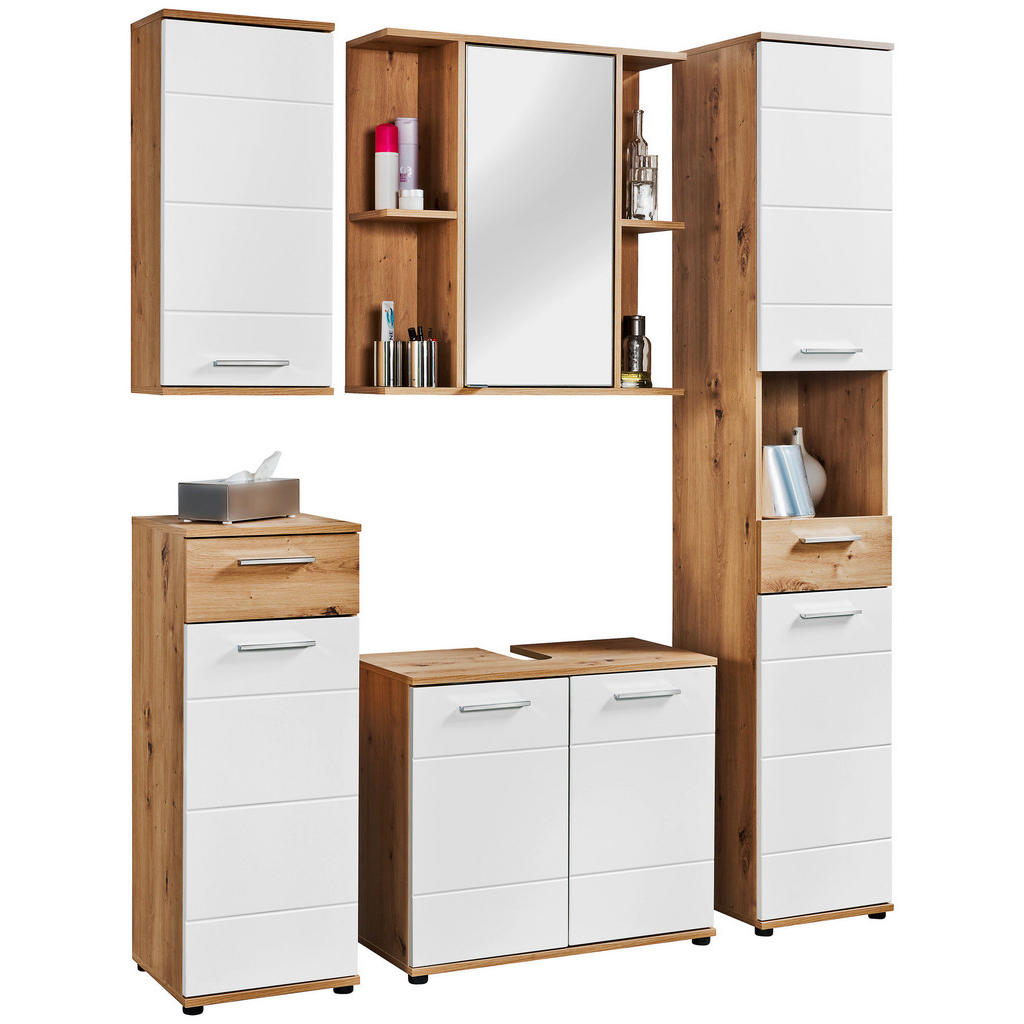 Thumbnail - Waschbeckenunterschrank Bergen Eiche Artisan Nachbildung weiß Hochglanz B/H/T: ca. 70x61x35 cm