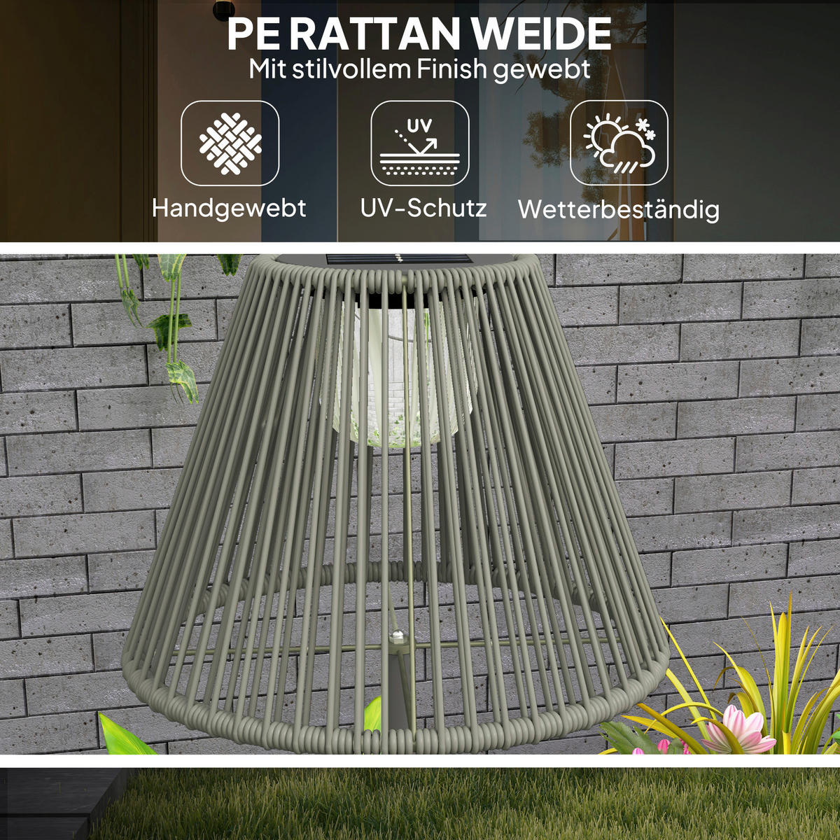 Solarleuchte grau Polyethylen Stahl B/H/L: ca. 33x135x33 cm Rattan Solarleuchte - grau (33,00/33,00/135,00cm) - Outsunny