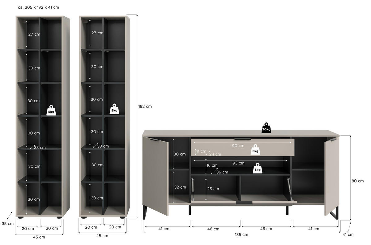 Wohnwand Noida Kaschmirgrau Nachbildung schwarz B/H/T: ca. 305x192x41 cm Noida - schwarz (305,00/192,00/41,00cm) - xonox.home