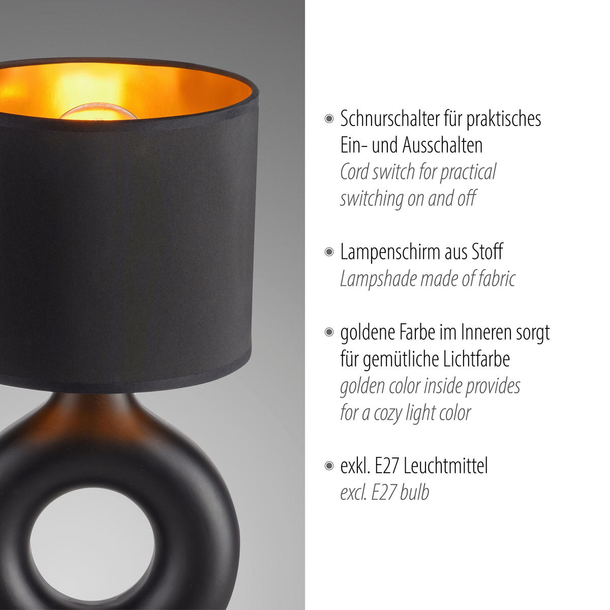 Just Light Tischleuchte schwarz Kunststoff Stoff Keramik H/L/D: ca. 30x16x16 cm null 1 Brennstellen Tischleuchte_Carara - schwarz (16,00/30,00cm) - Just Light