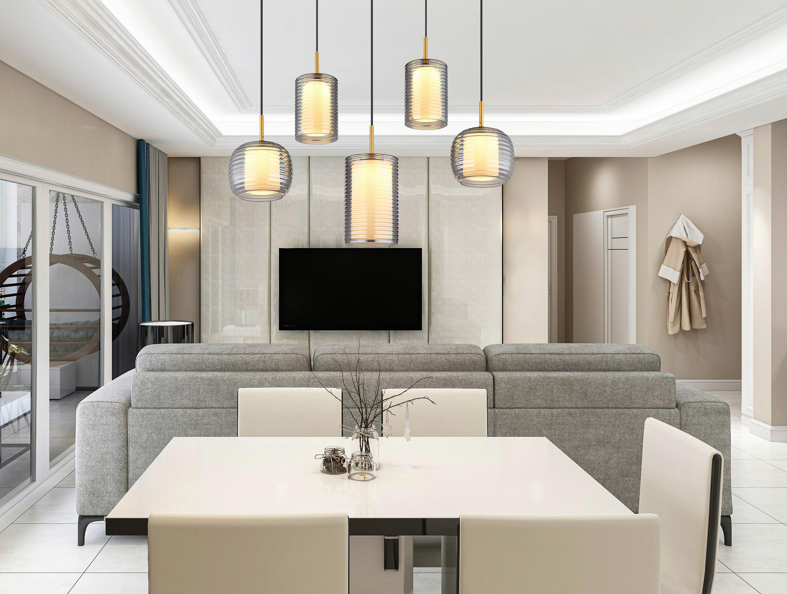 Thumbnail - GLOBO LED-Pendelleuchte mattschwarz Rauch messing Aluminium Glas Metall B/H/T: ca. 31,5x150x93 cm