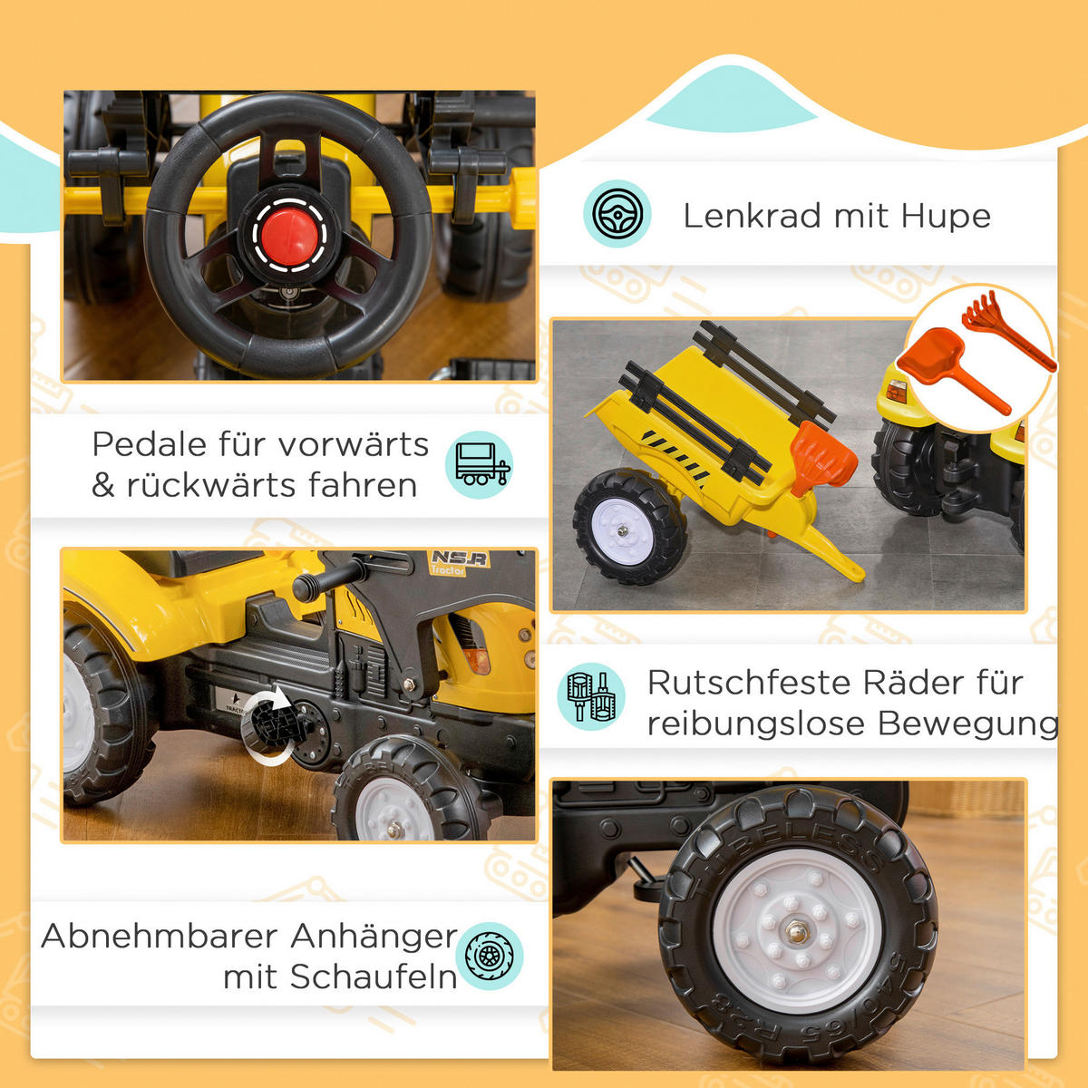 HOMCOM Kinder-Trettraktor gelb B/H/L: ca. 41x52x167 cm Kinder-Trettraktor - gelb (167,00/41,00/52,00cm) - HOMCOM
