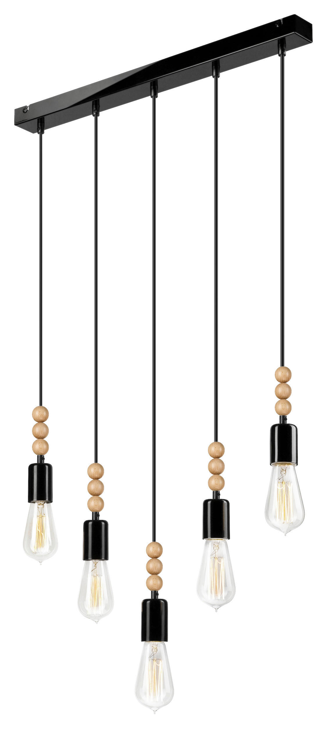 Lamkur Pendelleuchte SIMON 37370 schwarz Holz Stahl H/L: ca. 94x60 cm E27 5 Brennstellen Simon - schwarz (60,00cm) - Lamkur