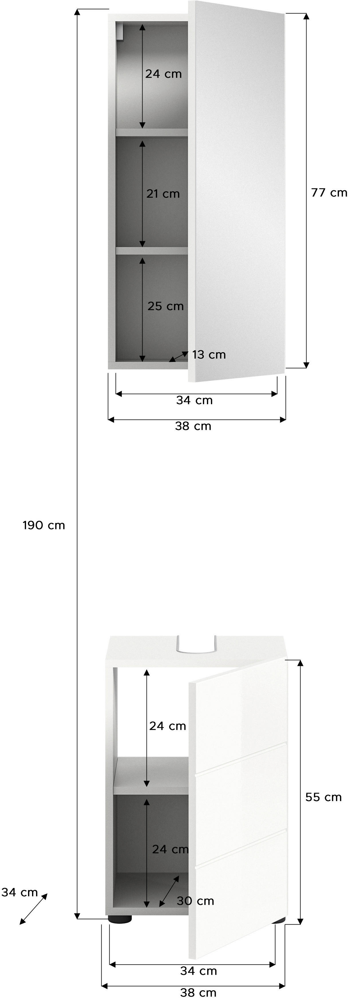 Badezimmer-Set VIRA weiß weiß Hochglanz B/H/T: ca. 38x190x34 cm VIRA - weiß (38,00/190,00/34,00cm) - xonox.home