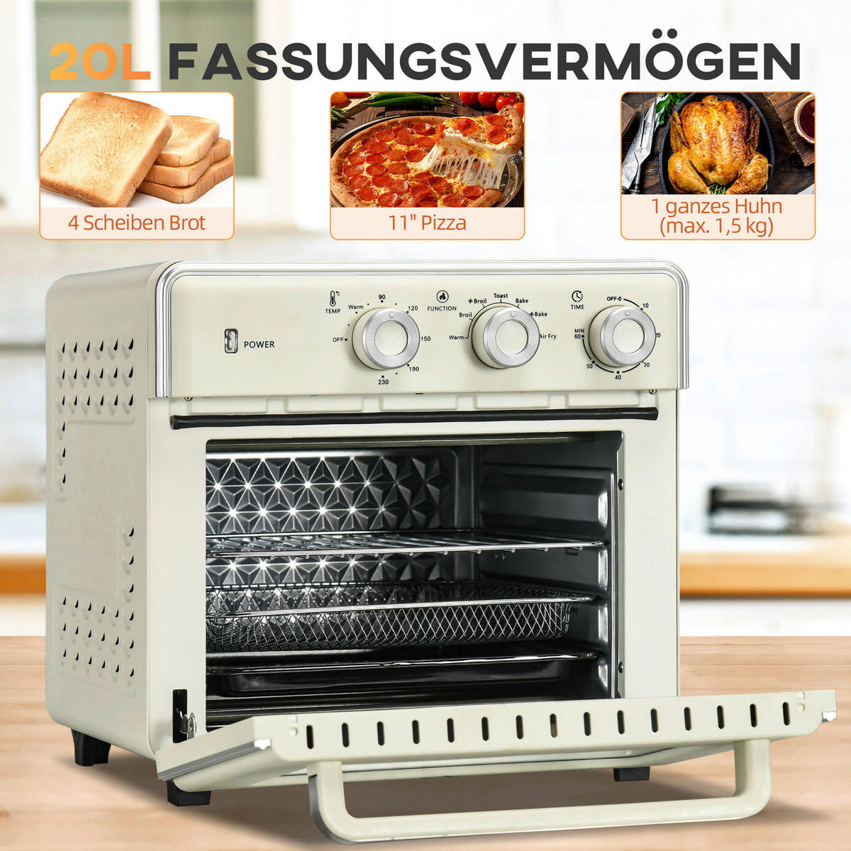 HOMCOM Küchengerät 800-152V90CW cremeweiß Edelstahl B/H/L: ca. 37,7x36x34,5 cm Minibackofen - cremeweiß (34,50/37,70/36,00cm) - HOMCOM
