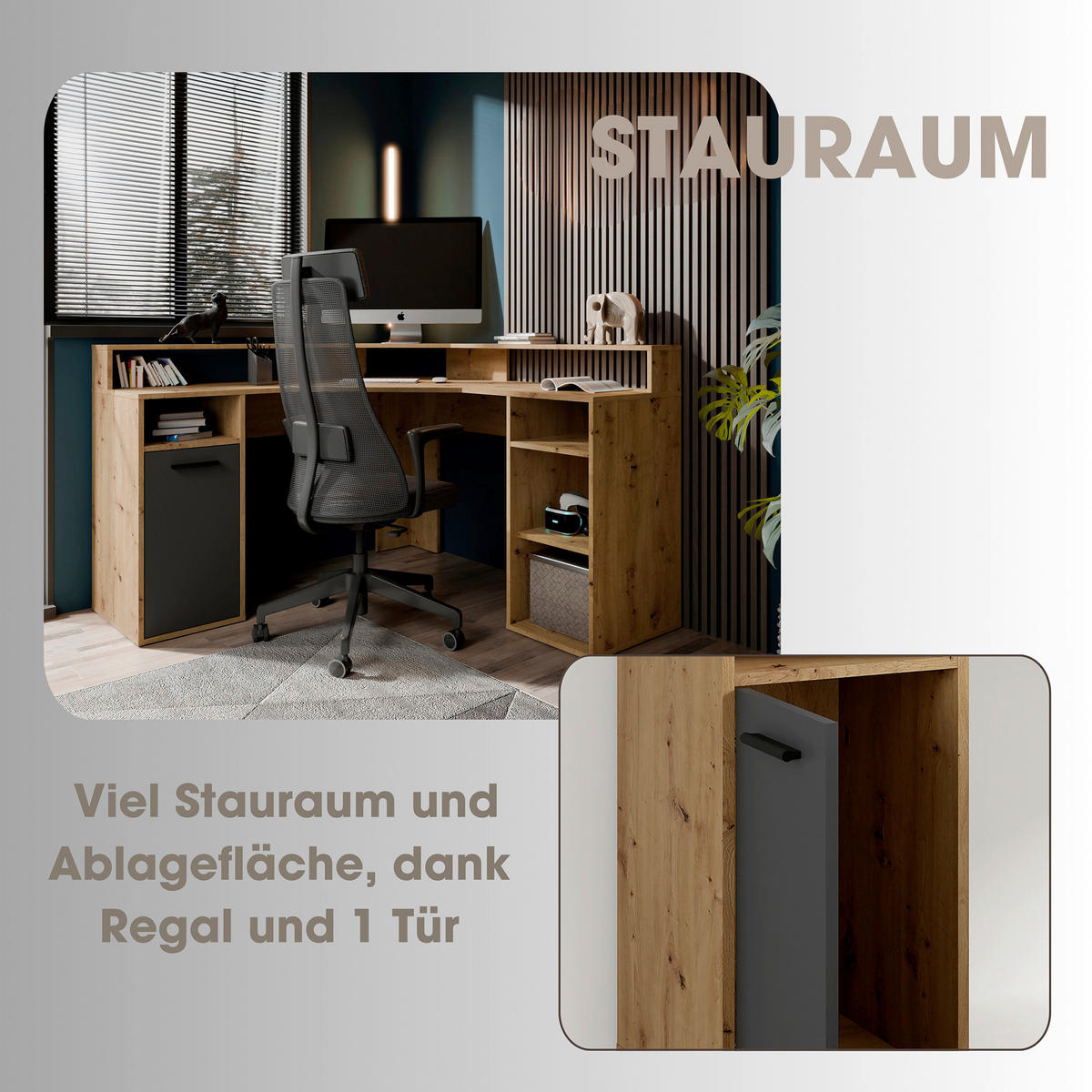 Eckschreibtisch FOX Eiche anthrazit B/H/T: ca. 139x90,8x139 cm FOX - Eiche/anthrazit (139,00/90,80/139,00cm) - byLIVING