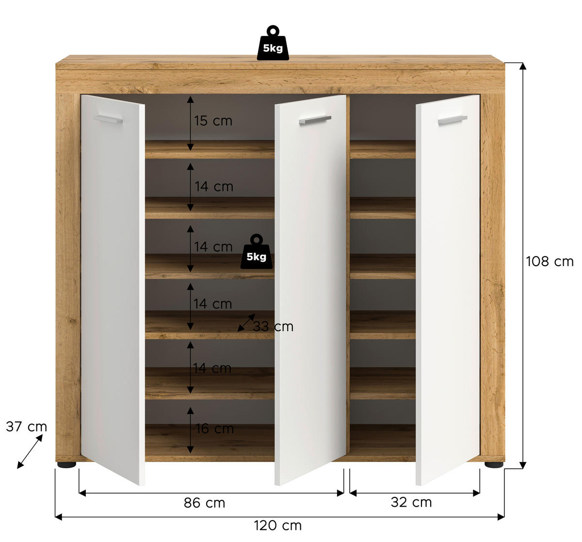 Schuhschrank JAM Eiche Wotan Nachbildung weiß B/H/T: ca. 120x108x37 cm JAM - Eiche/weiß (120,00/108,00/37,00cm) - xonox.home
