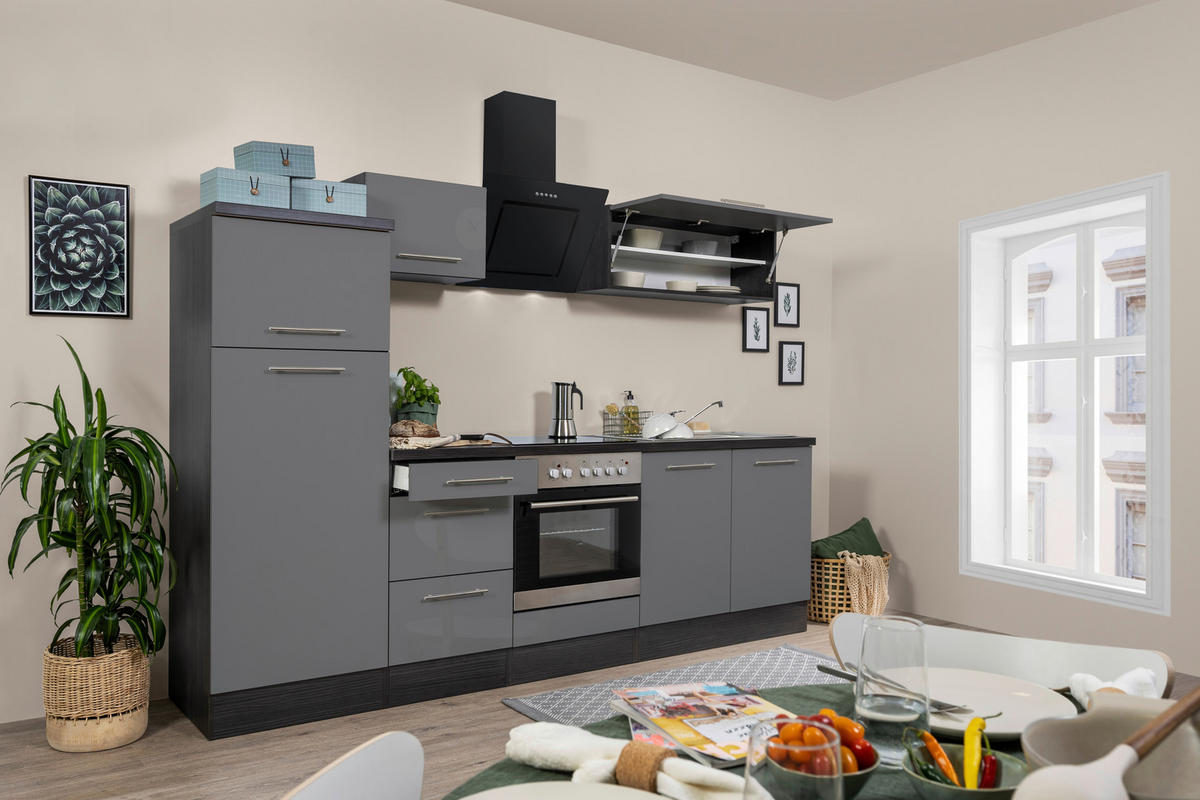 Respekta Küchenblock Premium grau hochglänzend B/H/T: ca. 270x200x60 cm Premium - Eiche/grau (270,00/200,00/60,00cm) - Respekta