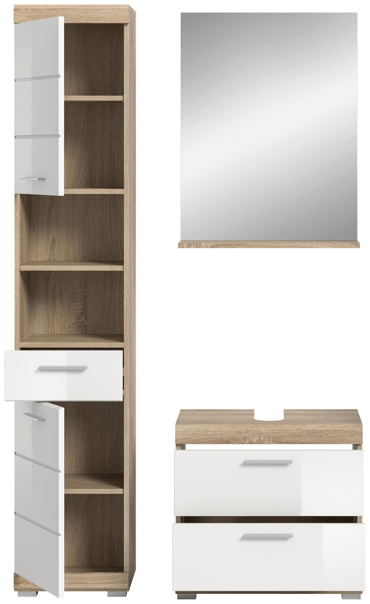 Badezimmer-Set Lambada Eiche Sonoma Nachbildung weiß Hochglanz B/H/T: ca. 112x191x37 cm Lambada - Eiche/weiß (112,00/191,00/37,00cm) - xonox.home