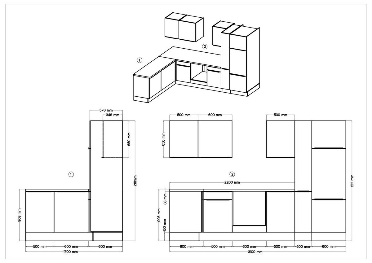 Respekta Winkelküche Marleen weiß Hochglanz B/H/T: ca. 310x211x170 cm Marleen - Eiche/weiß (310,00/211,00/170,00cm) - Respekta