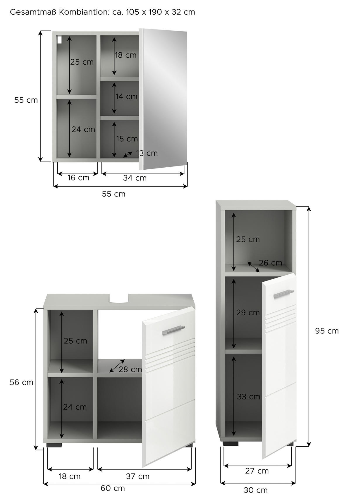 Badblock Copa hellgrau weiß Hochglanz B/H/T: ca. 105x190x32 cm Copa - hellgrau/weiß (105,00/190,00/32,00cm) - xonox.home