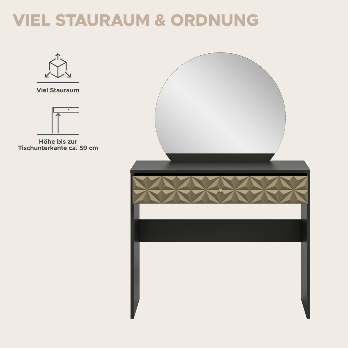 Schminktisch PRISMA schwarz gold Hochglanz Optik B/H/T: ca. 90x133x39 cm PRISMA - gold/schwarz (90,00/133,00/39,00cm) - xonox.home