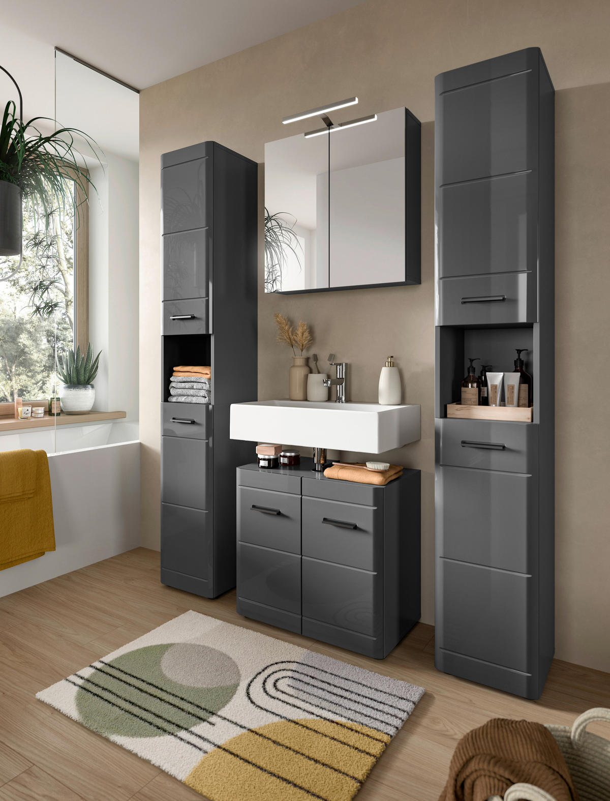 Badezimmer-Set SOFT grau grau Hochglanz B/H/T: ca. 60x190x34 cm SOFT - grau (60,00/190,00/34,00cm) - xonox.home