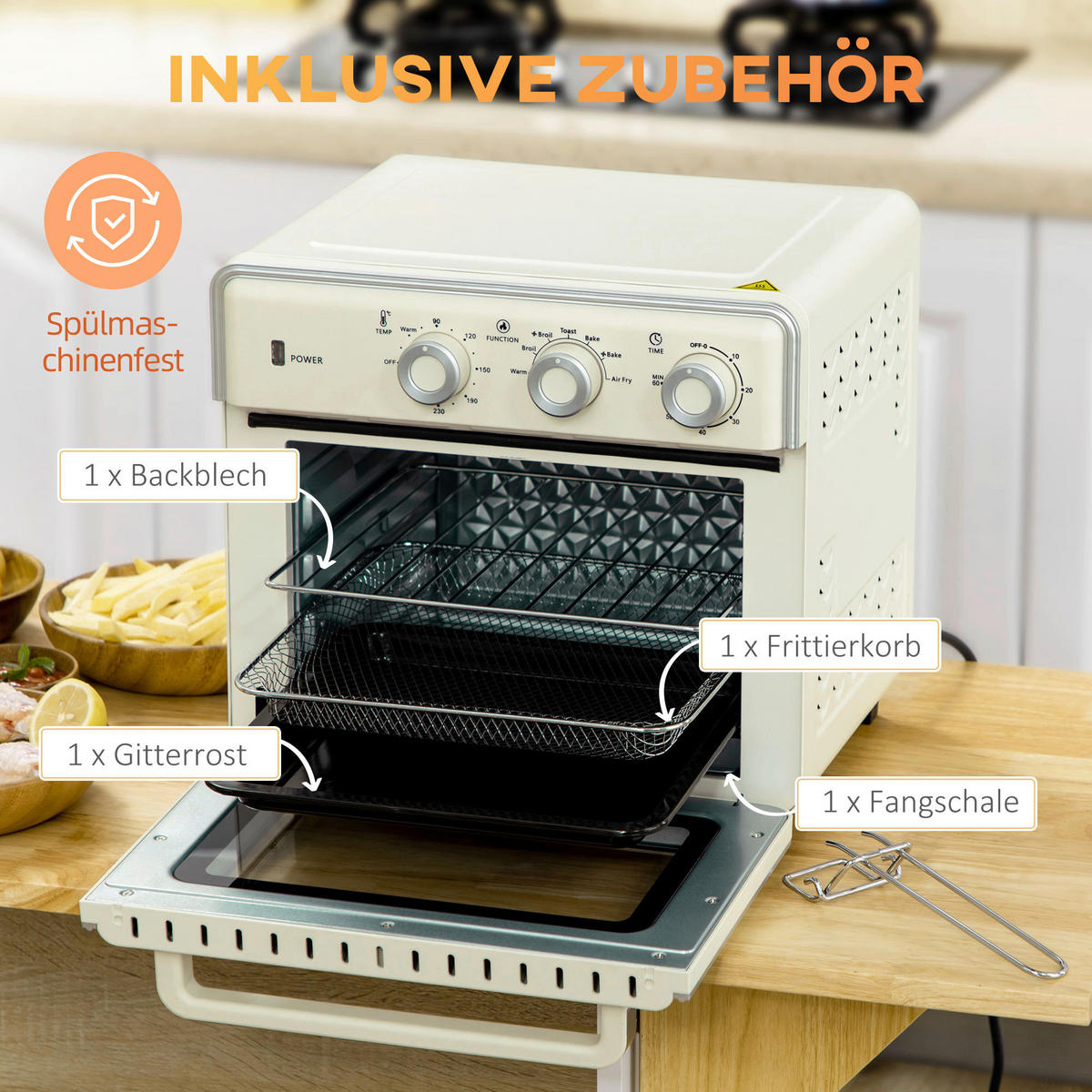 HOMCOM Küchengerät 800-152V90CW cremeweiß Edelstahl B/H/L: ca. 37,7x36x34,5 cm Minibackofen - cremeweiß (34,50/37,70/36,00cm) - HOMCOM