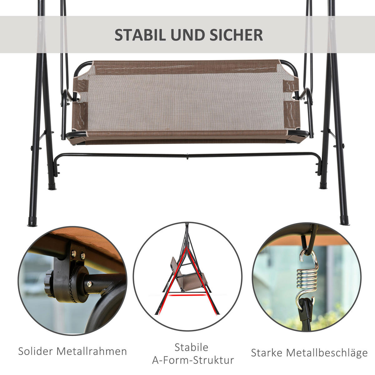 Outsunny Hollywoodschaukel braun Metall B/H/L: ca. 110x155x172 cm Hollywoodschaukel_3-Sitzer - braun (172,00/110,00/155,00cm) - Outsunny