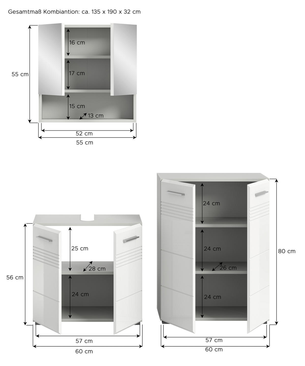 Badblock Copa hellgrau weiß Hochglanz B/H/T: ca. 135x190x32 cm Copa - hellgrau/weiß (135,00/190,00/32,00cm) - xonox.home