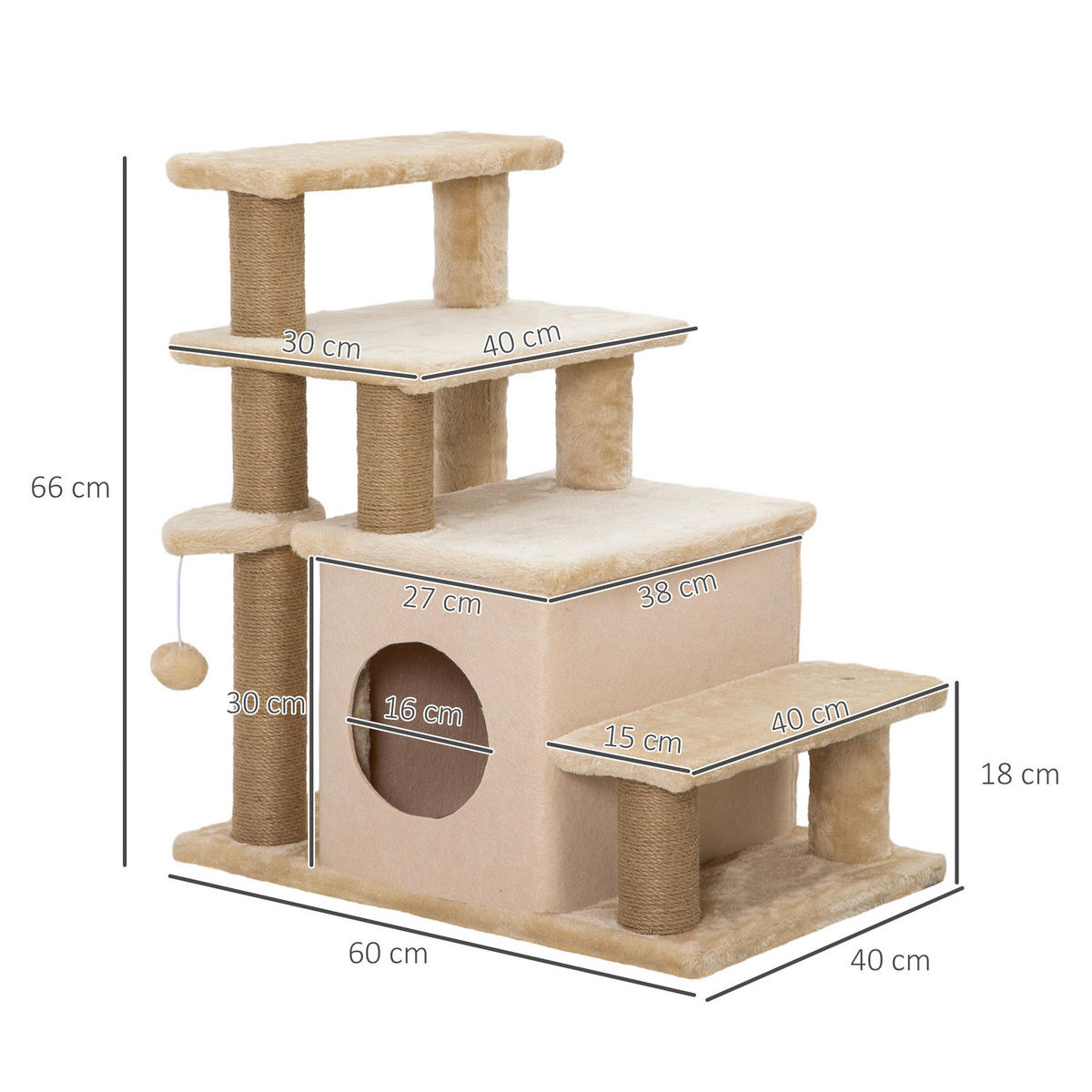 PawHut Katzentreppe m. Schlafhöhle beige Edelstahl B/H/L: ca. 40x60x66 cm Haustiertreppe - beige (66,00/40,00/60,00cm) - PawHut