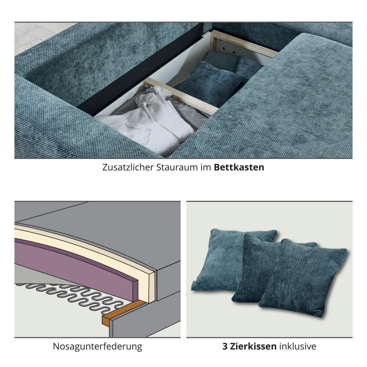Ecksofa mit Bettfunktion und Bettkasten dunkelblau Microfaser B/H/T: ca. 252x89x195 cm Sea_153-8183_2F+BK/li-Ot/re_Ecksofa - Chrom/dunkelblau (252,00/89,00/195,00cm)