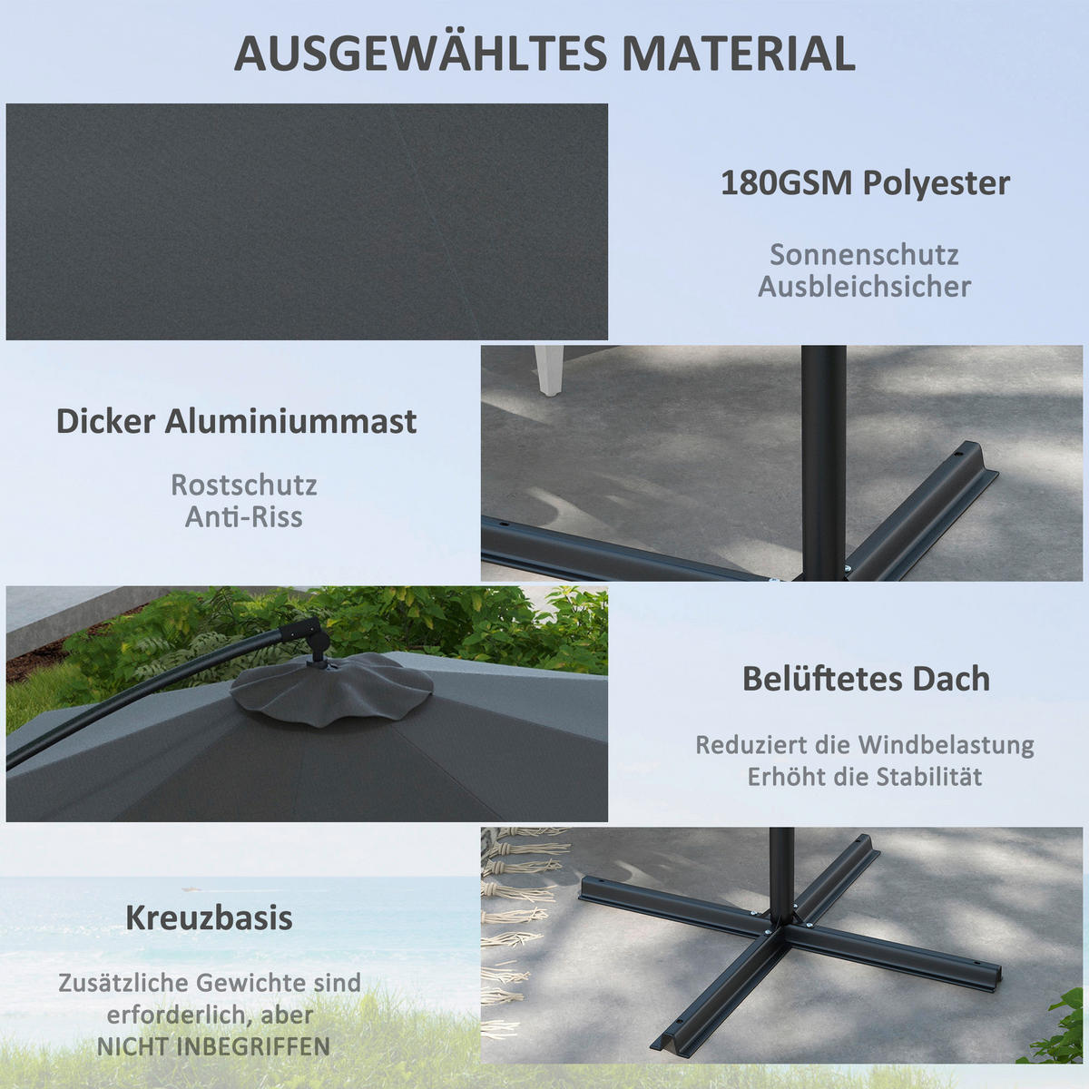 Outsunny Ampelschirm grau Metall B/H/L: ca. 293x260x293 cm Ampelschirm - grau (293,00/293,00/260,00cm) - Outsunny