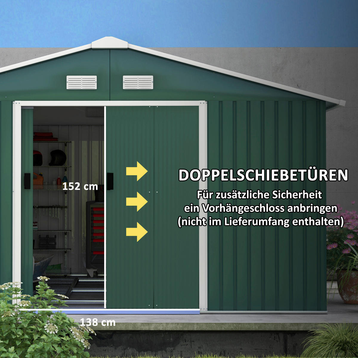 Outsunny Gerätehaus dunkelgrün Stahl B/H/L: ca. 386x200x340 cm Gerätehaus - dunkelgrün (340,00/386,00/200,00cm) - Outsunny