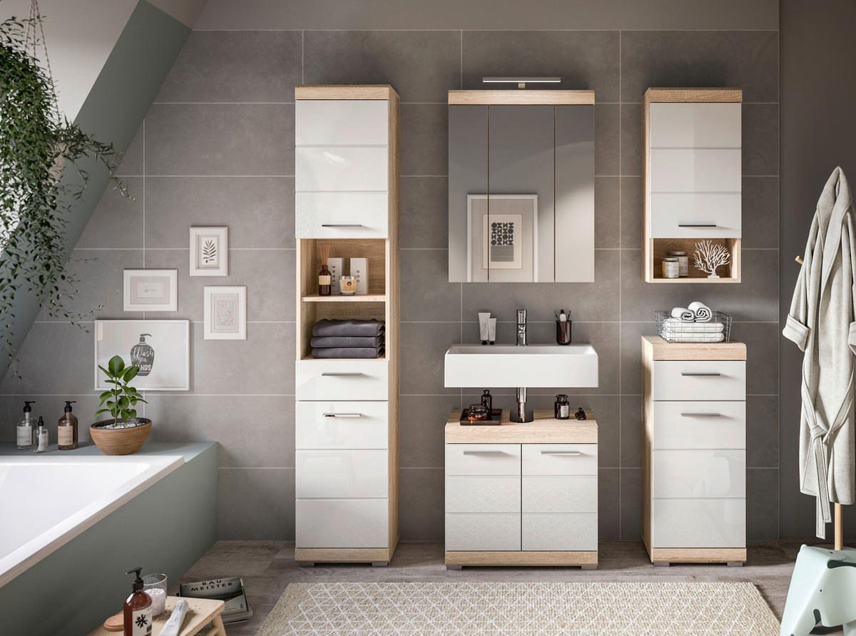 Badhängeschrank LAMBADA Eiche Sonoma hell Nachbildung weiß Hochglanz B/H/T: ca. 37x79x24 cm LAMBADA - Eiche/weiß (37,00/79,00/24,00cm) - xonox.home
