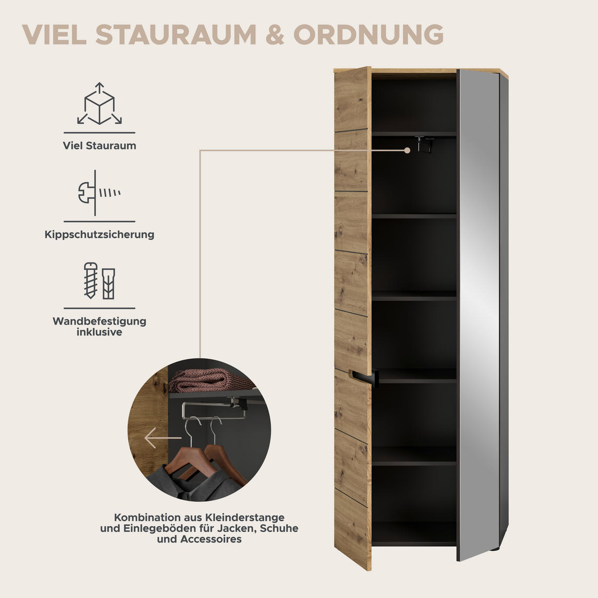 Garderobe Canu basaltgrau Nachbildung Artisan Nachbildung B/H/T: ca. 255x190x37 cm Canu - basaltgrau (255,00/190,00/37,00cm) - xonox.home