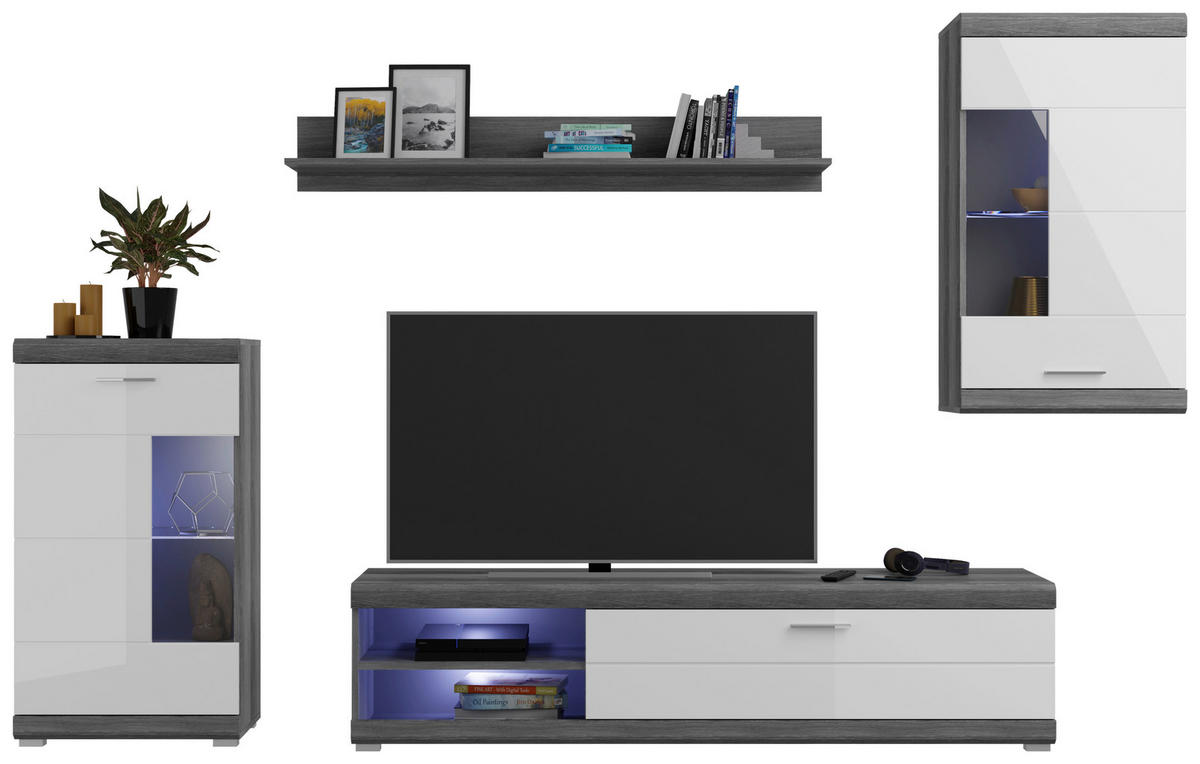 Wohnwand Scout Rauchsilber Nachbildung weiß Hochglanz B/H/T: ca. 265x185x40 cm Scout - weiß (265,00/185,00/40,00cm)