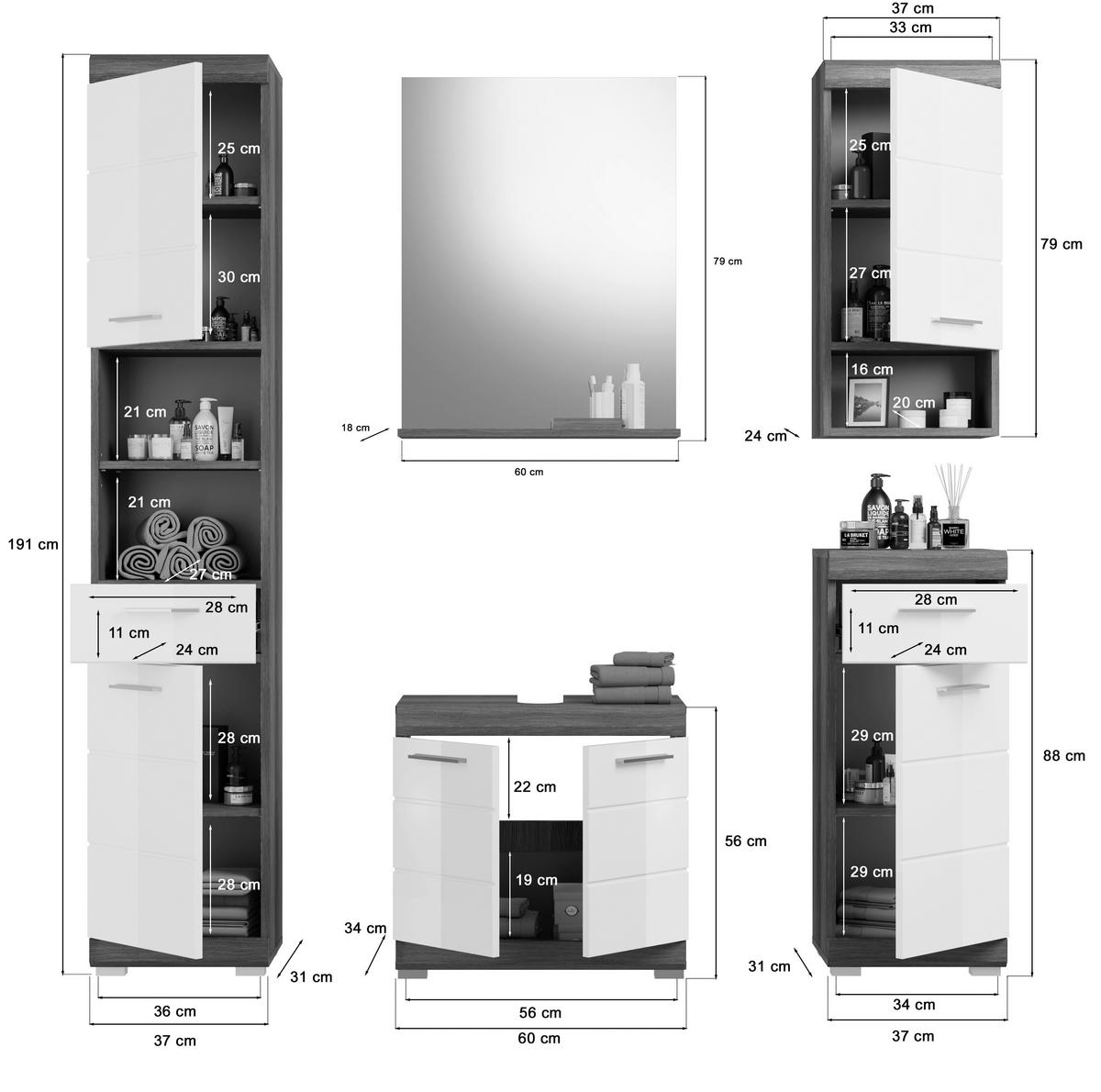 Badezimmer-Set Scout Eiche Rauchsilber Nachbildung weiß Hochglanz B/H/T: ca. 164x191x34 cm Scout - Eiche/weiß (164,00/191,00/34,00cm) - xonox.home