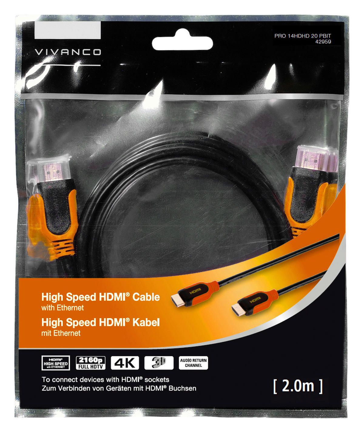 Vivanco HDMI-Kabel schwarz orange HDMI-Kabel_High_Speed 2,0m - orange/schwarz (200,00cm) - Vivanco