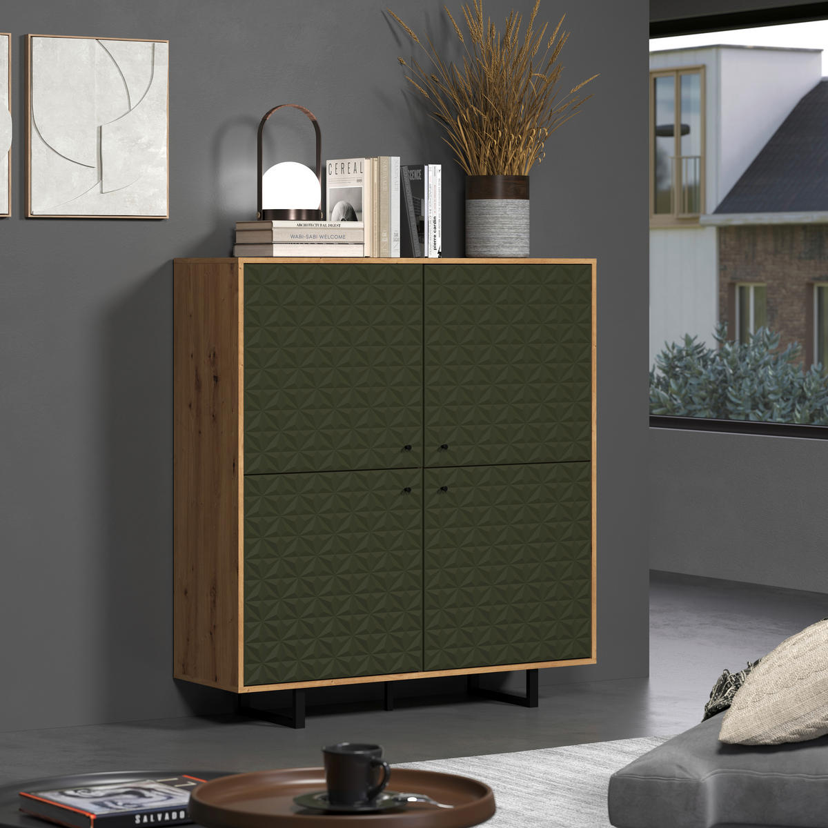 Highboard Sentra Eiche Artisan Nachbildung grün dunkel B/H/T: ca. 124x136x40 cm Sentra - Eiche/grün (124,00/136,00/40,00cm) - Trendteam
