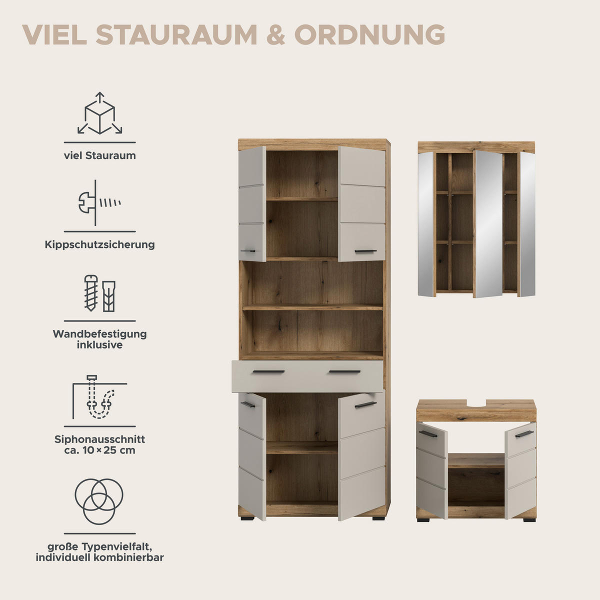 Badezimmer-Set Scout Evoke Oak Nachbildung Kaschmirgrau Nachbildung B/H/T: ca. 149x191x34 cm Scout - Kaschmirgrau (149,00/191,00/34,00cm) - xonox.home