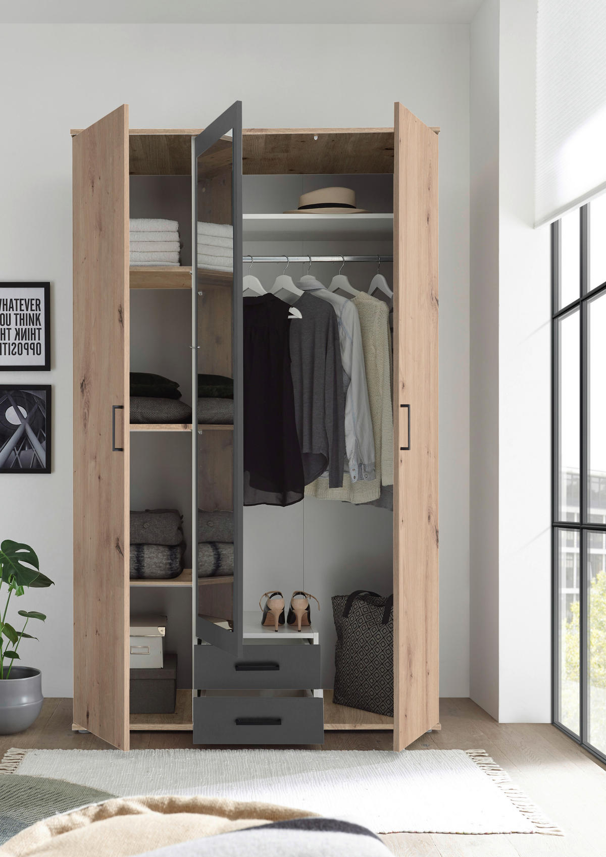 Kleiderschrank Eiche Artisan Nachbildung B/H/T: ca. 120x197x54 cm Chicago_Kleiderschrank - Eiche/Graphit (120,00/197,00/54,00cm)