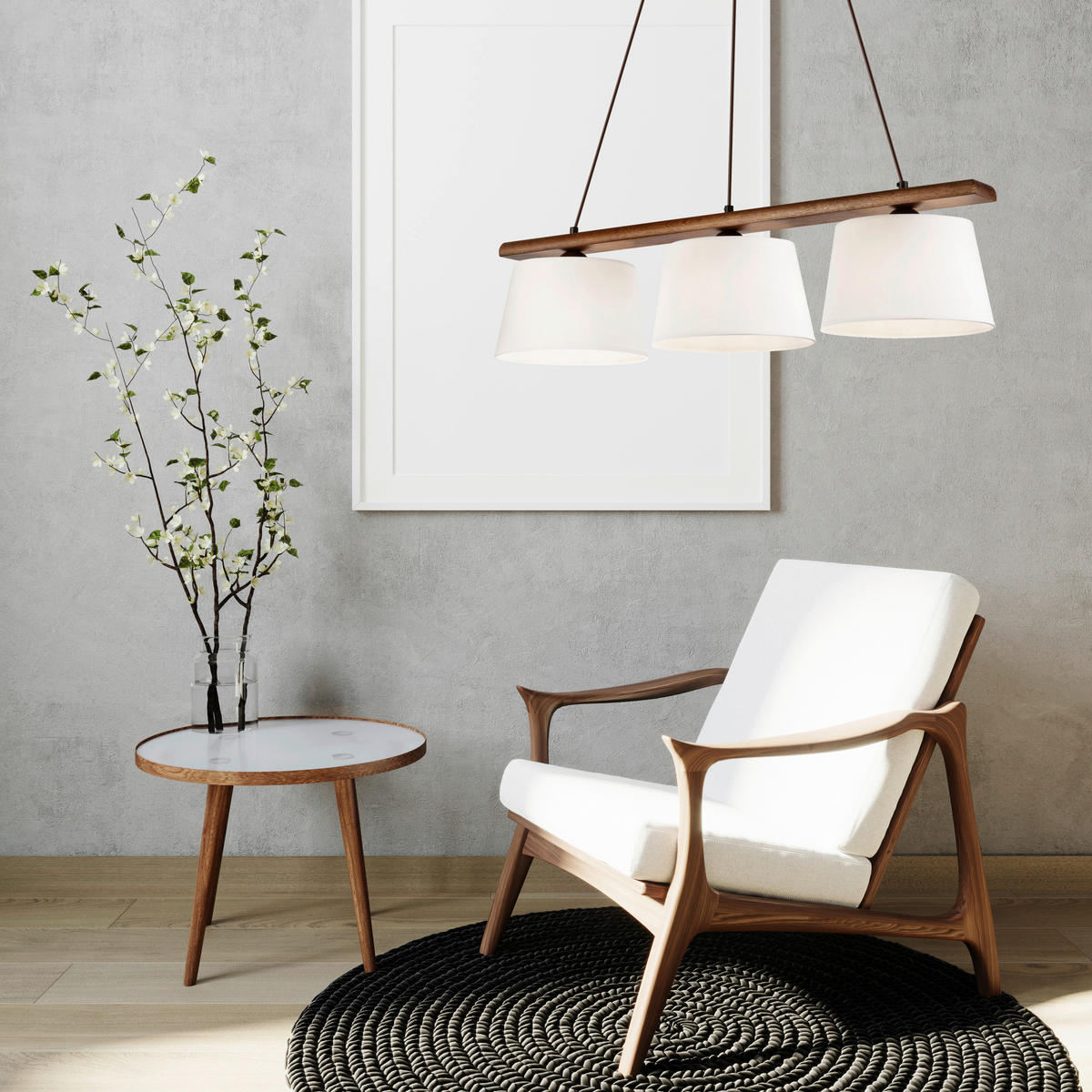 Lamkur Pendelleuchte AIDA 35185 Eiche Stoff Holz Stahl H/L: ca. 89x90 cm E27 3 Brennstellen Aida - Eiche (90,00cm) - Lamkur