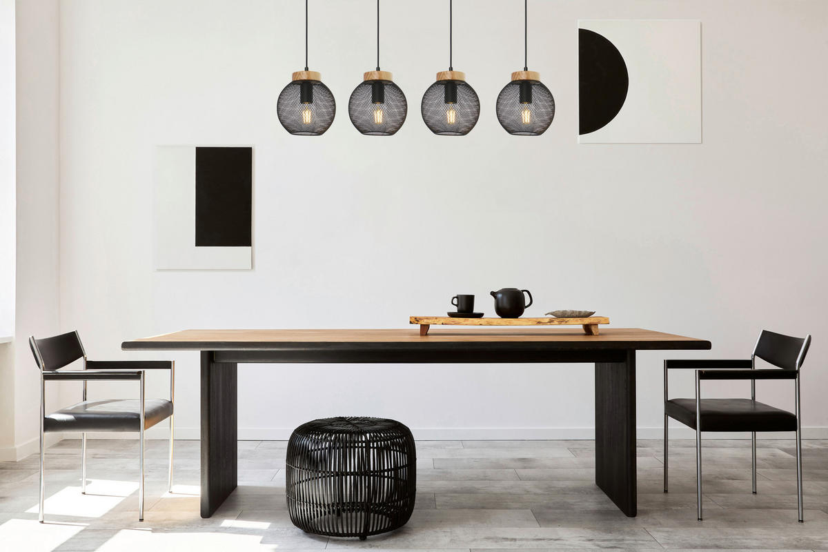 GLOBO Pendelleuchte PABLO 15663-4H mattschwarz natur Metall Holz B/H/T: ca. 95x120x20 cm E27 4 Brennstellen PABLO - natur/mattschwarz (95,00/120,00/20,00cm) - GLOBO