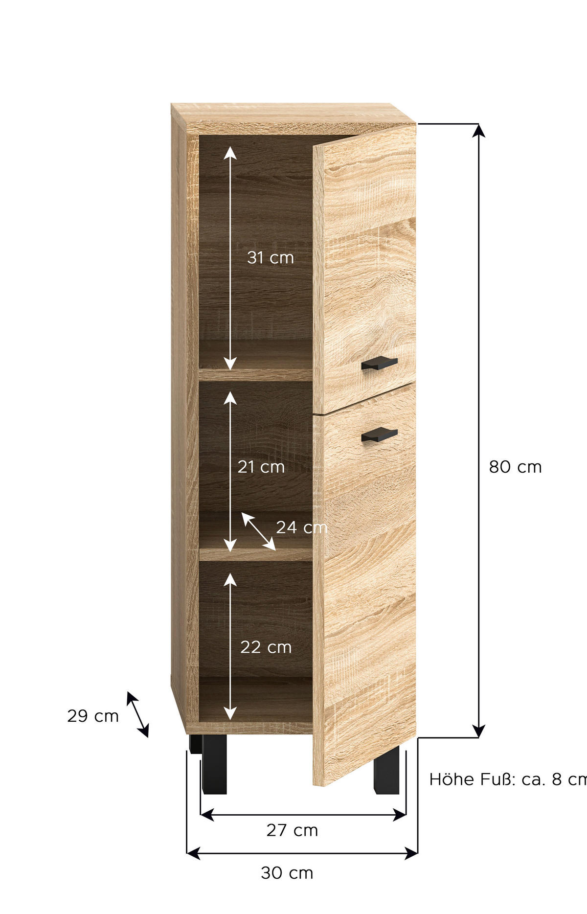 Badhochschrank BOSTON Eiche Sonoma Nachbildung B/H/T: ca. 30x80x29 cm BOSTON - Eiche (30,00/80,00/29,00cm) - xonox.home