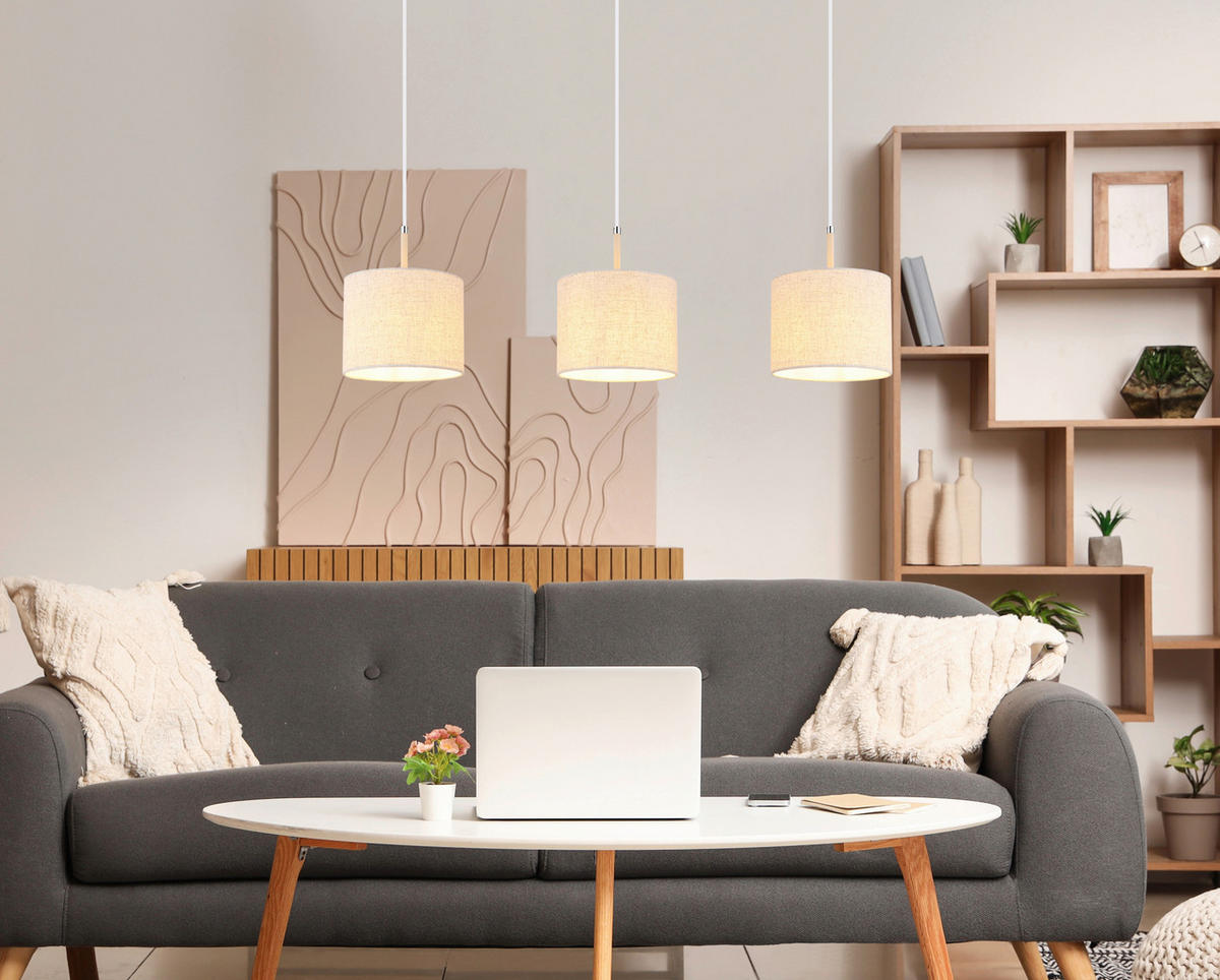 Pendelleuchte sand Metall Textil B/H/L: ca. 20x120x90 cm E27 3 Brennstellen Deleon - sand (90,00/20,00/120,00cm)