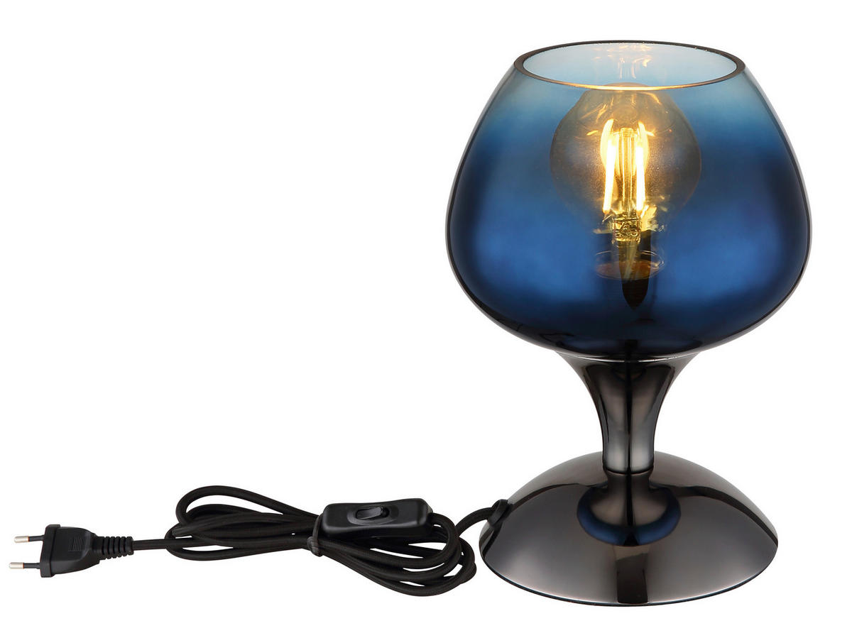 GLOBO Tischleuchte schwarz Chrom blau Glas Metall Textil H/D: ca. 20,5x15 cm E27 1 Brennstellen MAXY - blau/schwarz (15,00/20,50cm) - GLOBO