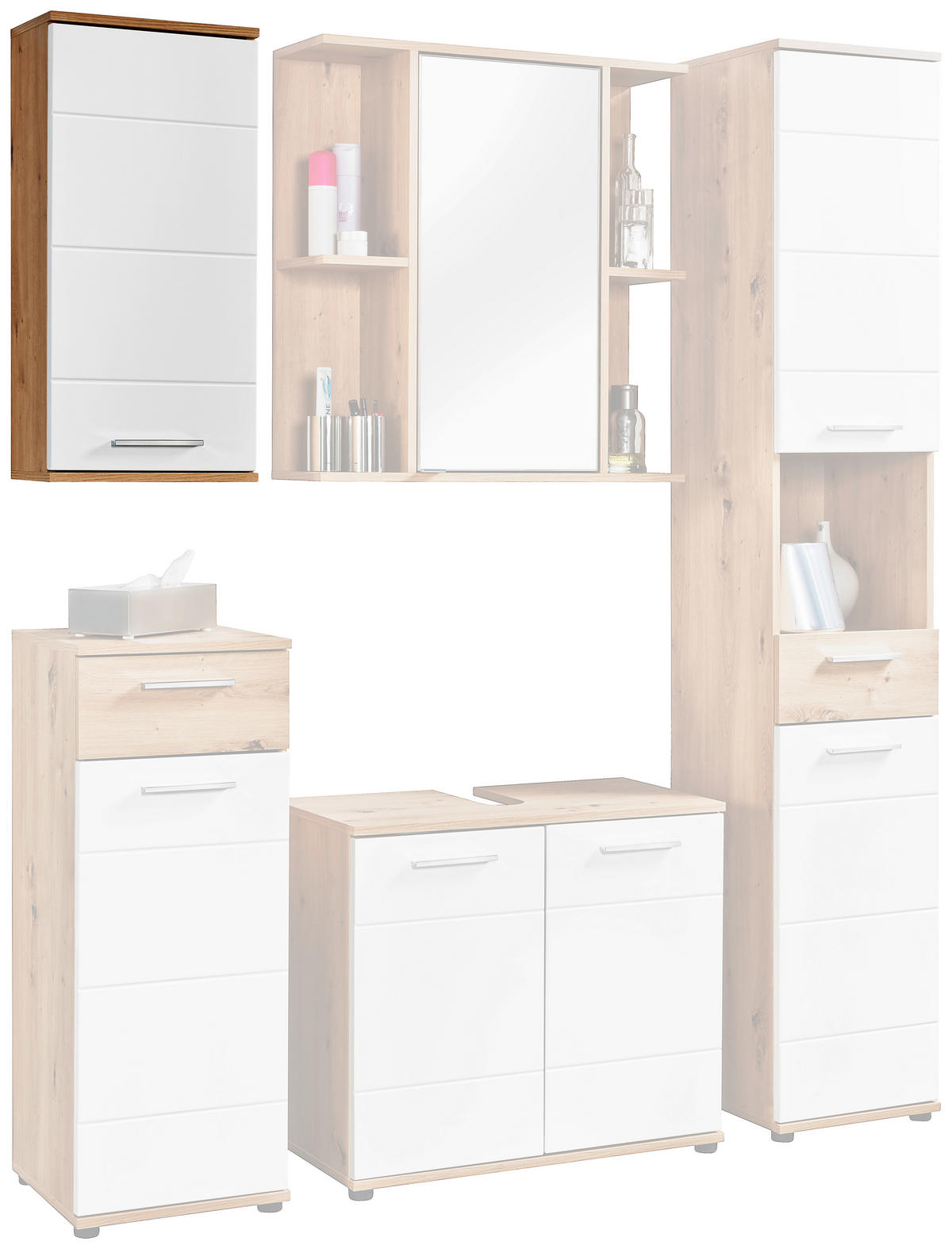 Badhängeschrank Bergen Eiche Artisan Nachbildung weiß Hochglanz B/H/T: ca. 35x74x23 cm Bergen - Eiche/weiß (35,00/74,00/23,00cm)