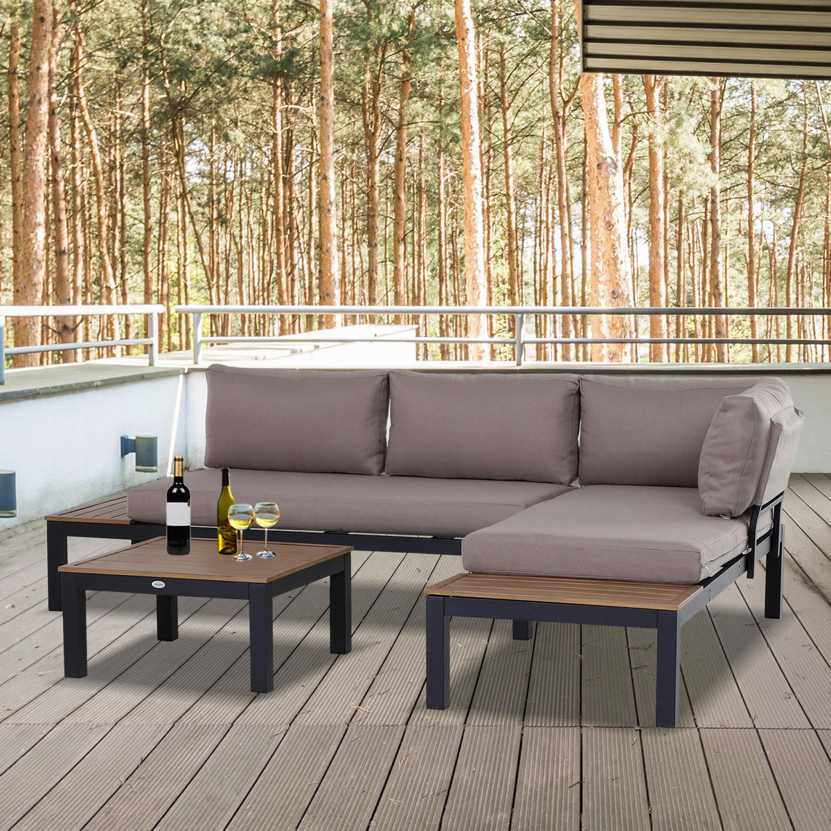 Outsunny Gartengarnitur grau Aluminium B/H/L: ca. 164x69x74 cm Gartengarnitur_mit_Beistelltisch - natur/grau (74,00/164,00/69,00cm) - Outsunny