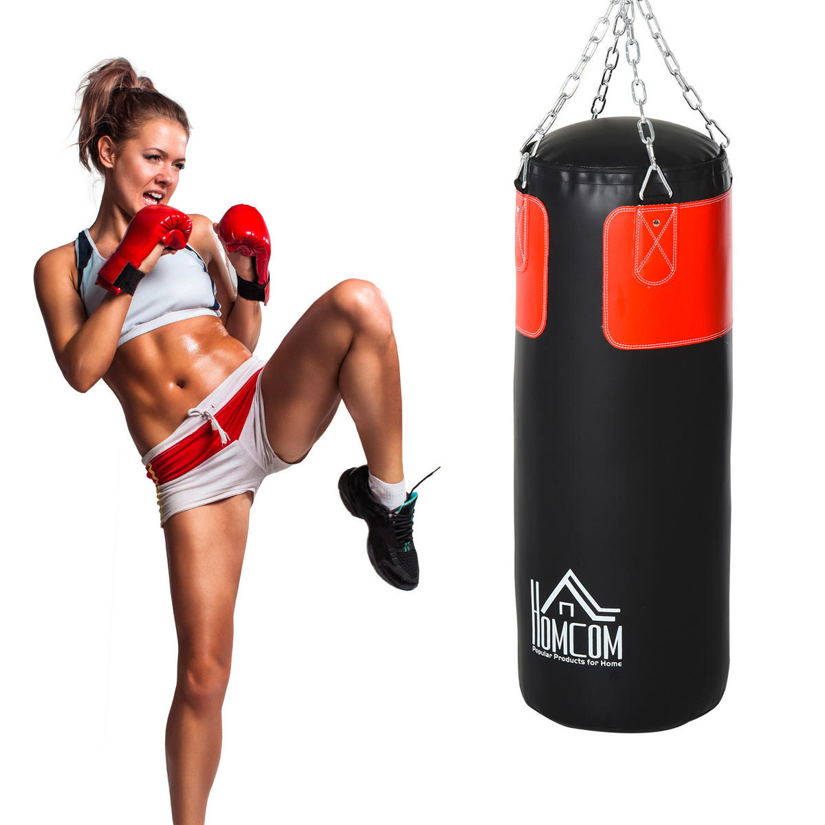HOMCOM Boxsack mit Boxhandschuhen schwarz Stahl H/D: ca. 120x30 cm Boxsack_mit_Boxhandschuhen - rot/schwarz (30,00/120,00cm) - HOMCOM